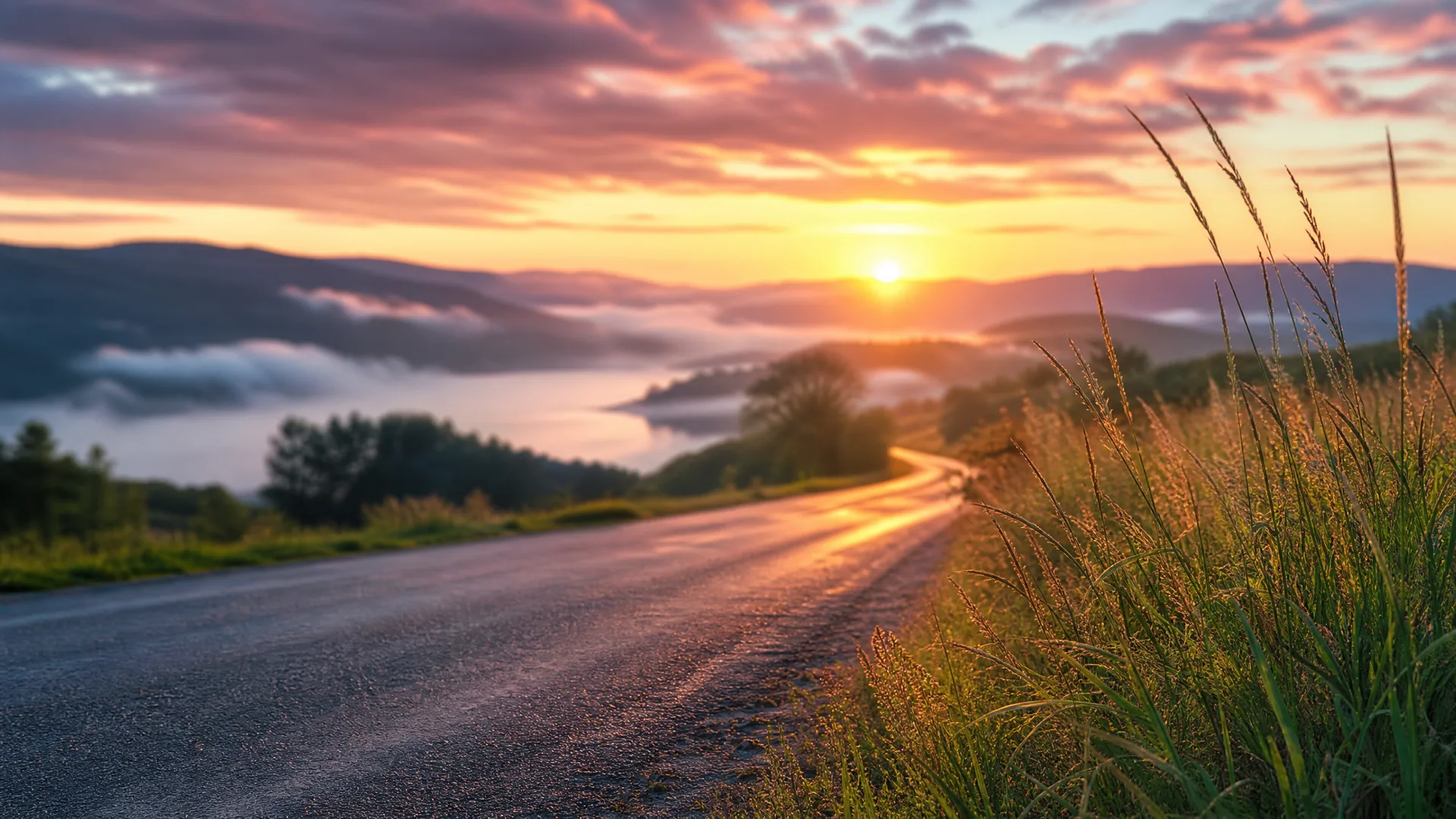 A two-lane asphalt road curves through grassy roadside vegetation toward a sun low on the horizon, with fog-filled valleys and distant hills under a pink and orange cloudy sky.