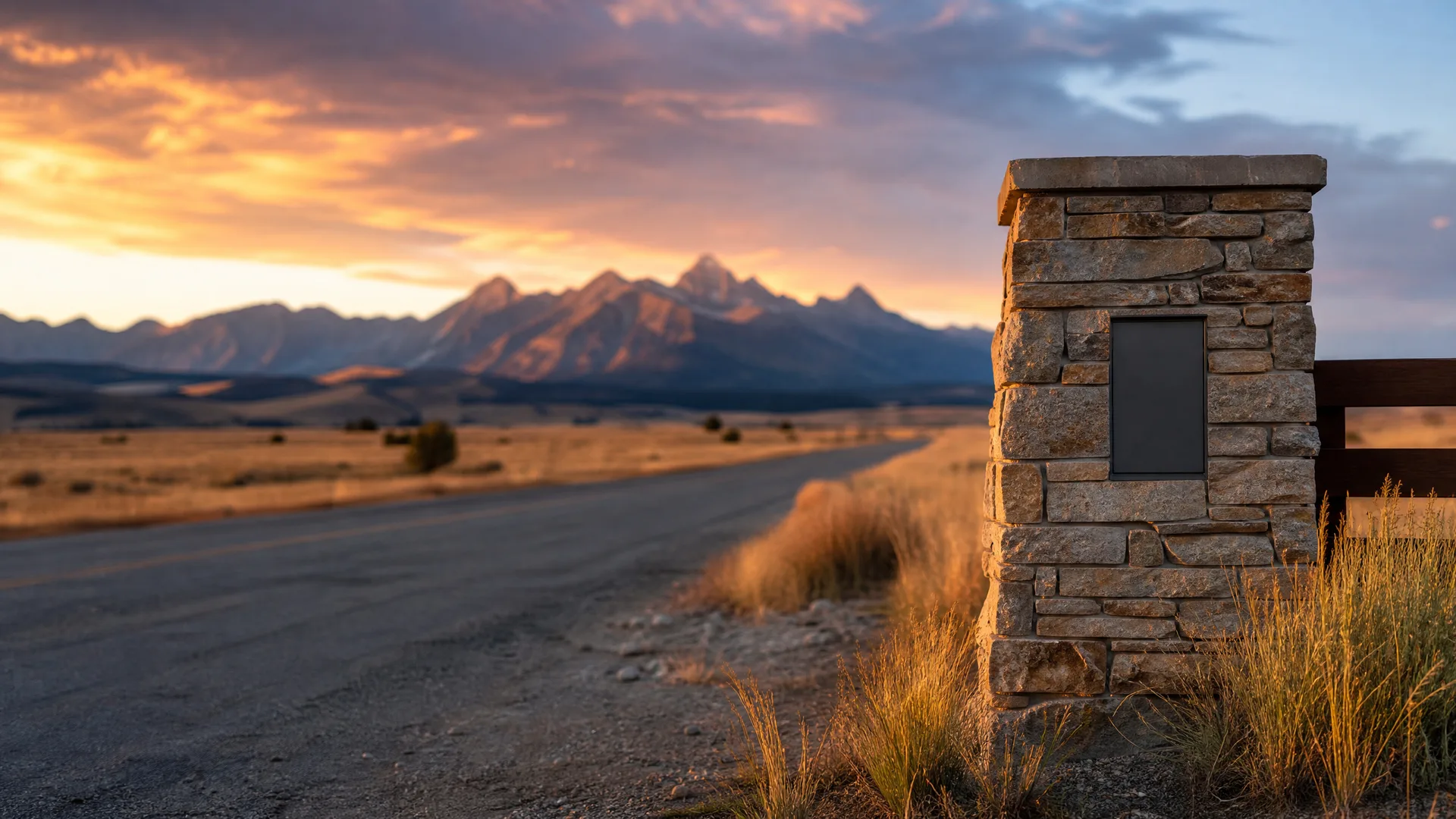 A stacked-stone pillar with a blank dark plaque stands beside a paved road and dry grasses, with a mountain range and orange sunset clouds in the background.