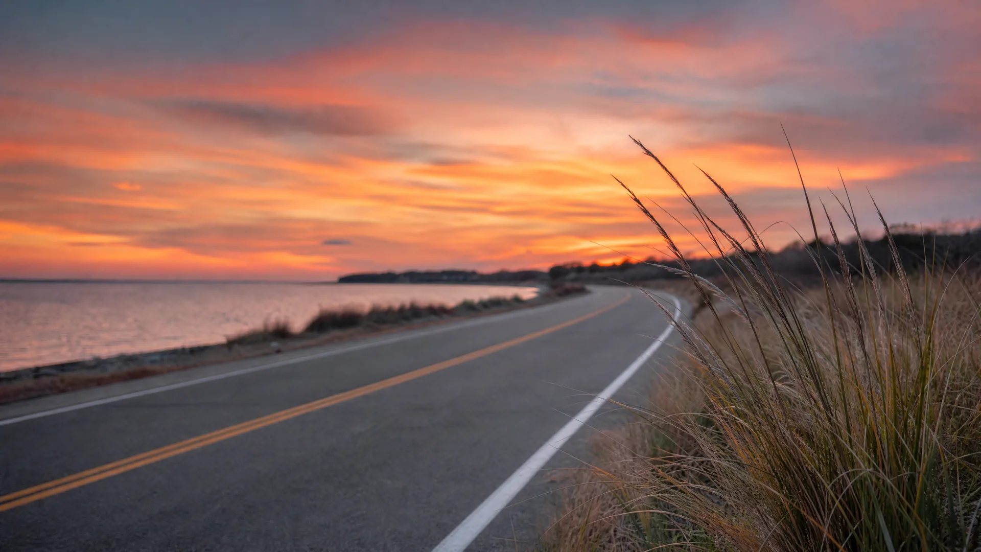 A two-lane asphalt road with a double yellow center line and white edge line curves along a shoreline at sunset, with dry grasses in the foreground right and orange clouds above calm water.