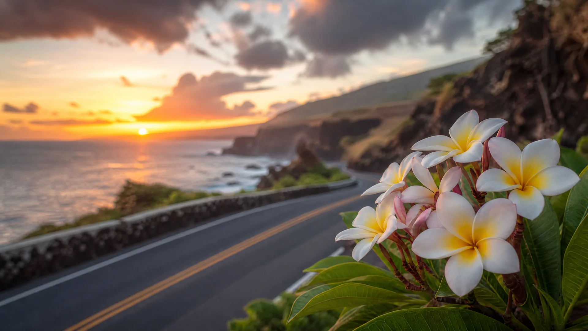 A curving coastal road with a double yellow center line runs along cliffs above the ocean at sunset, with a cluster of white and yellow plumeria flowers and green leaves in sharp focus in the foreground.