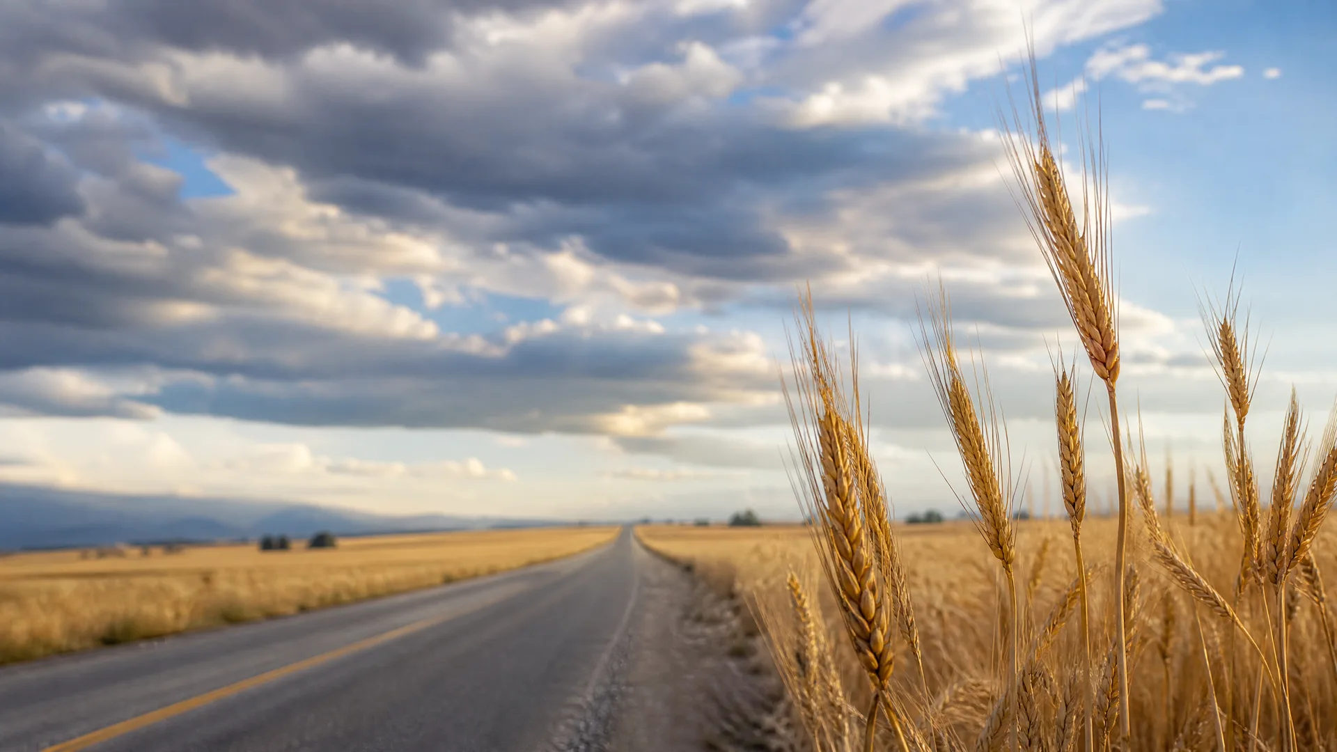 A two-lane asphalt road with a yellow center line runs straight toward the horizon through flat golden grain fields, with close-up wheat heads in focus at the right and a cloudy blue sky above.