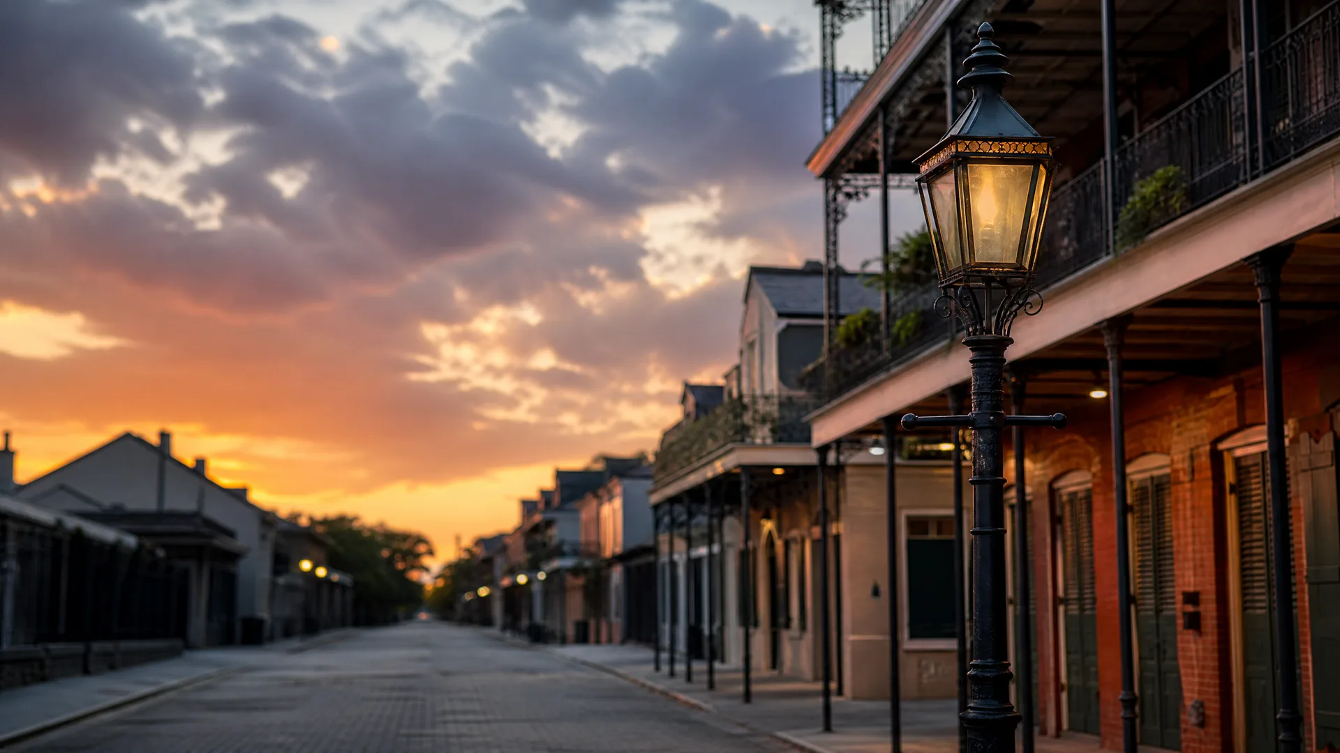 An empty street at sunset with an illuminated ornate lamppost in the foreground and multi-story buildings with iron balconies along the right side.