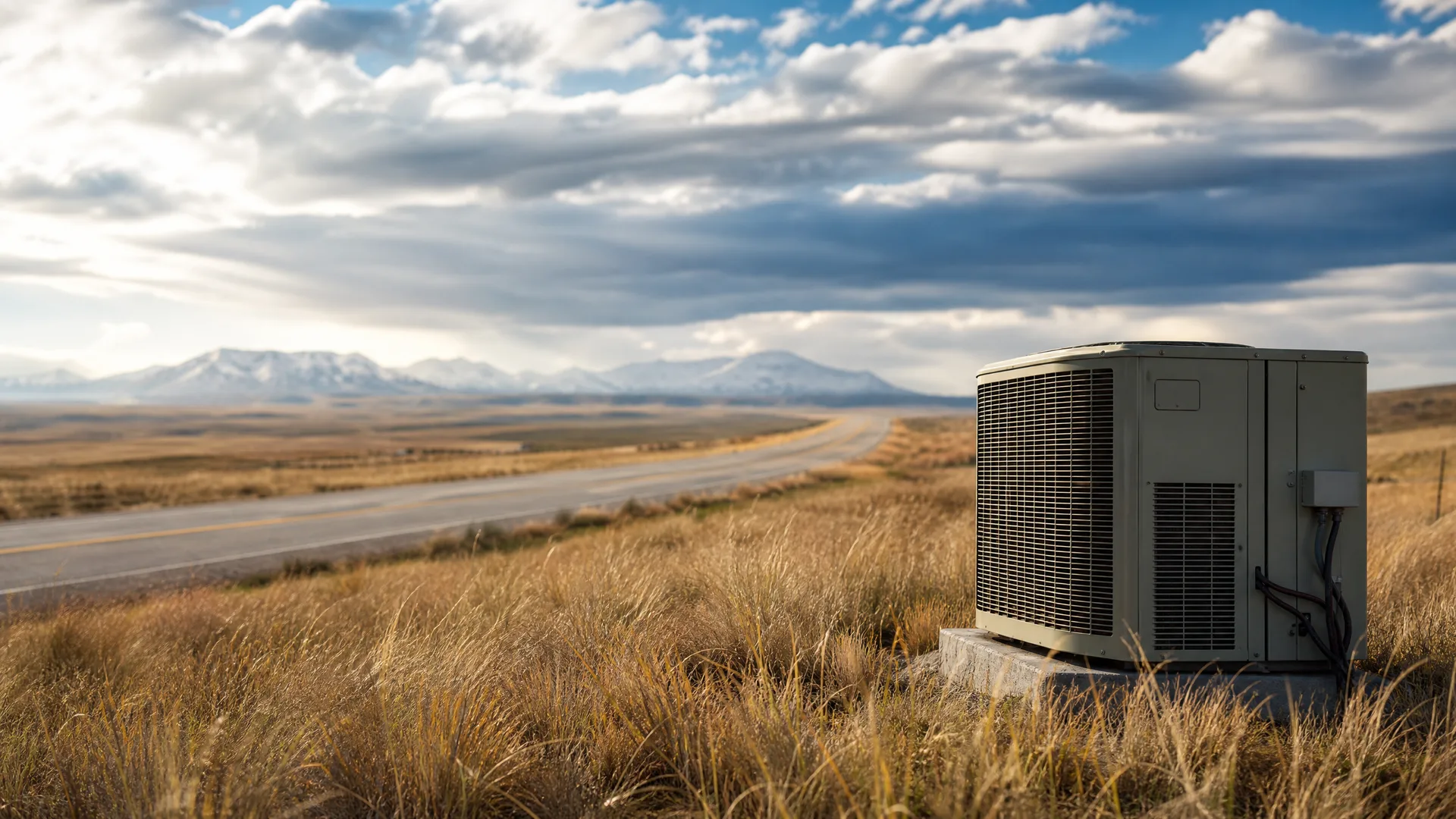 An outdoor air conditioning condenser unit on a concrete pad in dry grassland beside a two-lane road, with snow-capped mountains and a cloudy sky in the distance.