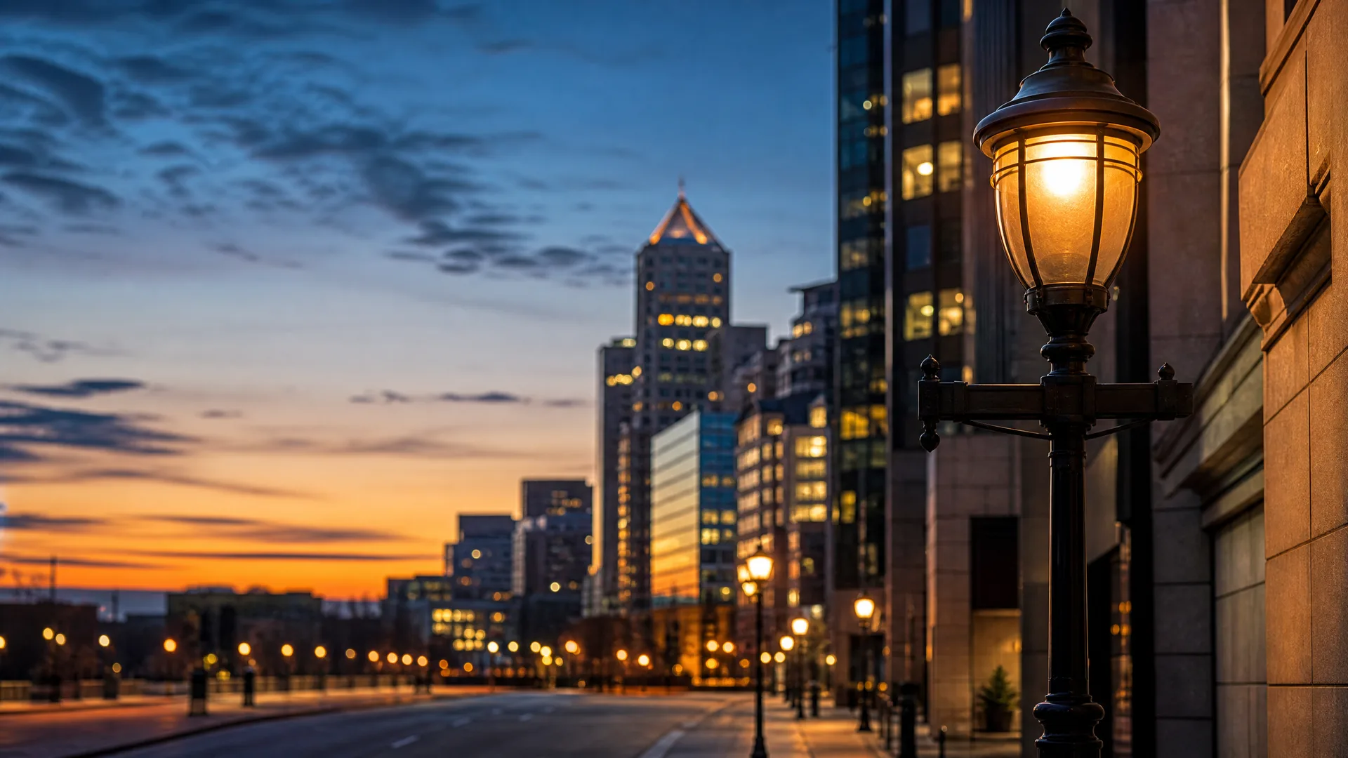 An illuminated ornate street lamp in sharp focus beside a stone building, with an empty street and blurred city high-rises against an orange and blue twilight sky.