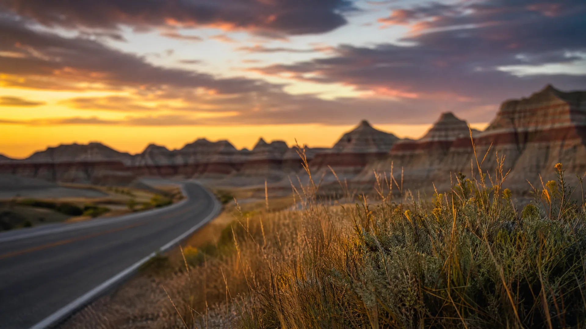 A two-lane road curves through dry grass and scrub toward banded eroded rock formations under a cloudy sky at sunrise or sunset.