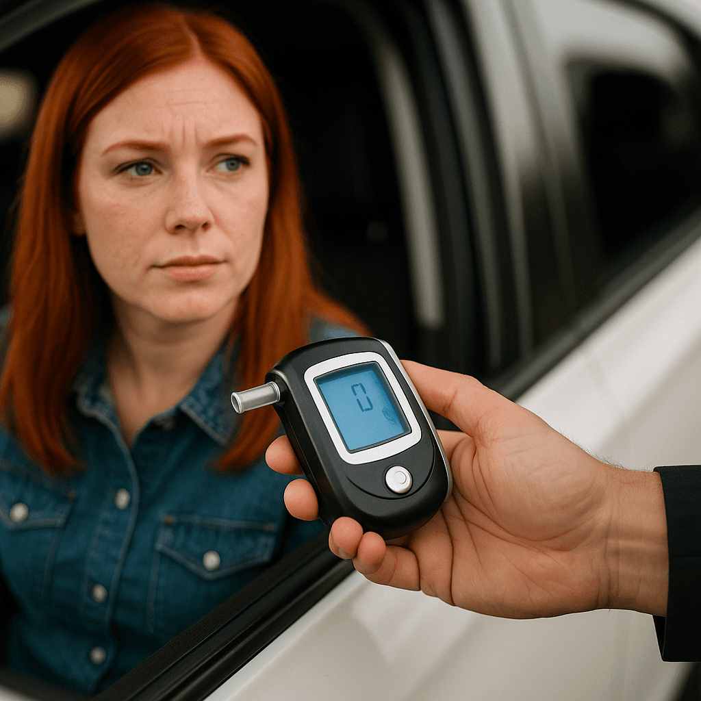 Police officer holding breathalyzer test device near woman driver during roadside sobriety check
