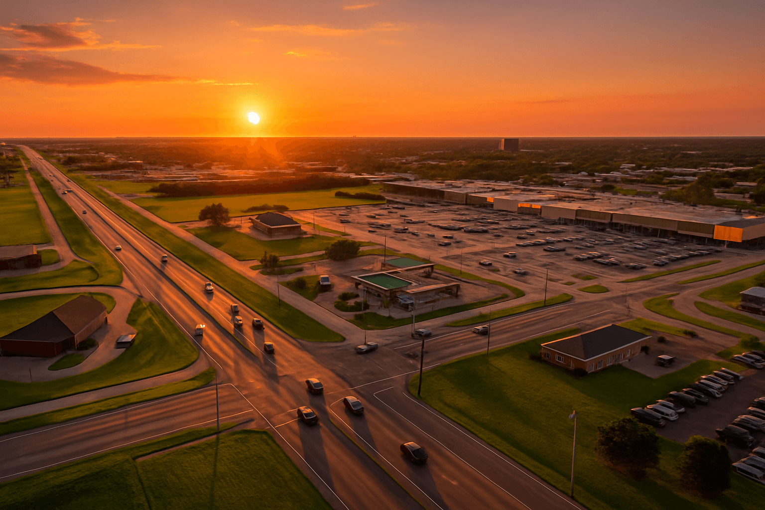 Aerial sunset view of highway intersection with shopping center and commercial buildings in suburban landscape